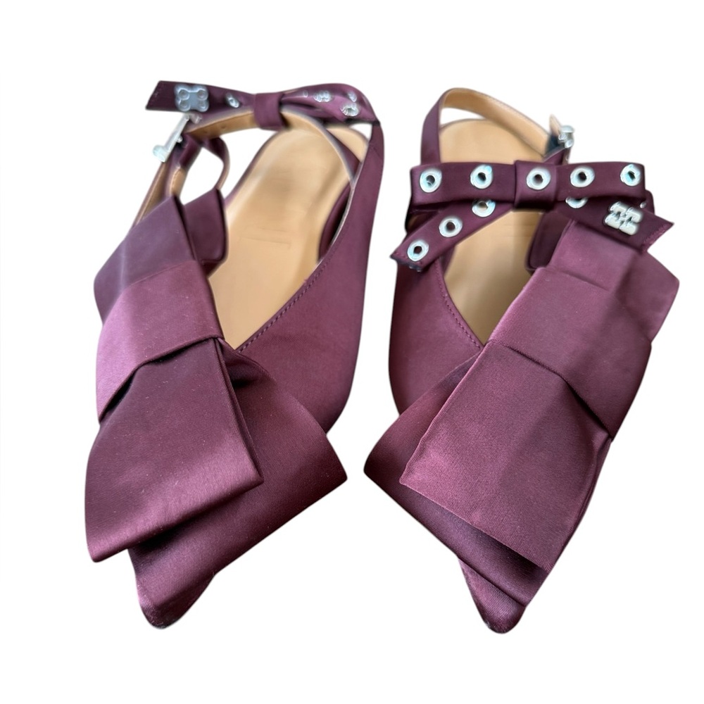 Ganni Big Bow Pointed Slingback Flat Burgundy Shoes – EU38/US8 - Picture 8 of 14